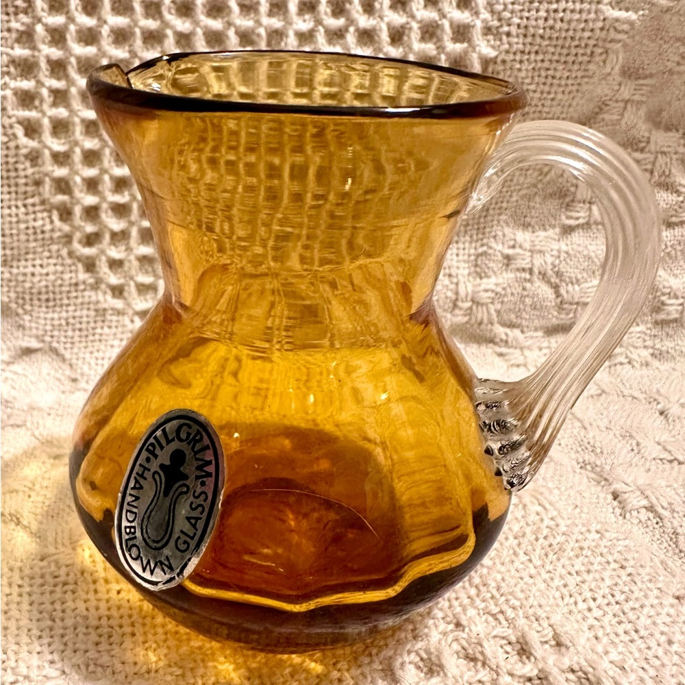 Vtg 1950’s AMBER Hand Blown Glass Mini Pitcher w/Label Pilgrim Brand